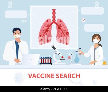 Concetto di ricerca del vaccino. Gli scienziati stanno ricercando un nuovo virus, alla ricerca di antivirus e farmaci in laboratorio. Illustrazione vettoriale in stile piatto Illustrazione Vettoriale