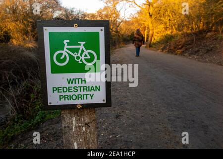 È consentito andare in bicicletta con un cartello di priorità pedonale in un'area boscosa di un parco Foto Stock