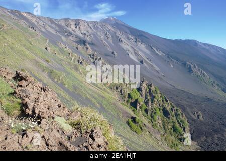 Ripido pendio della Valle del Bove e cima dell'Etna cratere sud-est, Sicilia Foto Stock