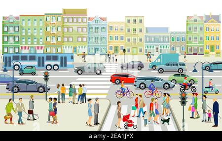 Traffico stradale con persone sul marciapiede illustrazione Illustrazione Vettoriale