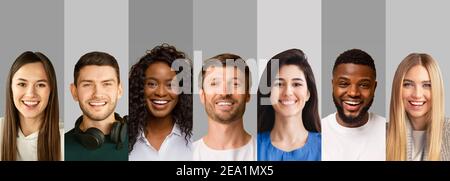 Diversi ritratti di persone gioiose in collage su sfondi grigio studio, panorama con spazio di copia Foto Stock