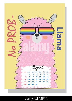 Carino calendario mensile del 2022 con un lama, cactus, iscrizioni in stile scandinavo per bambini. Calendario verticale a parete per il 2022, inizio settimana Illustrazione Vettoriale