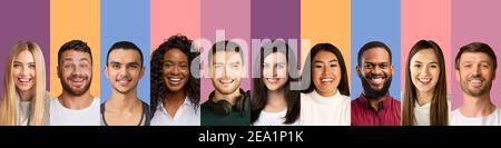 Varietà sociale e diversità. Mosaico di volti umani, persone di varie nazionalità sorridenti su sfondi studio a colori Foto Stock