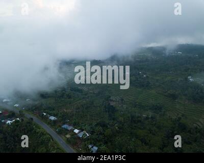 Vista aerea con droni delle colline tropicali terrazzate con basse nuvole e nebbia che si librano su lussureggianti montagne verdi e un villaggio sottostante a Bali, Indonesia. Foto Stock