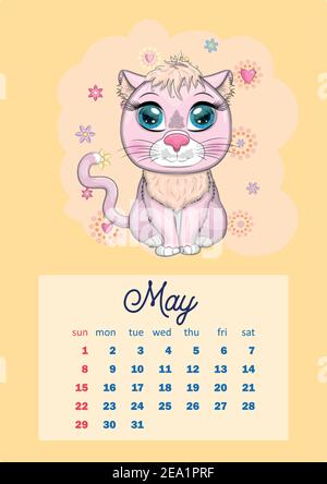 Calendario 2022 con carini animali di cartone per ogni mese. Tigre, leopardo di neve, panda rosso, gatto, ippopotamo, gufo, leone, lepre, volpe, criceto, mucca. Verticale ca Illustrazione Vettoriale