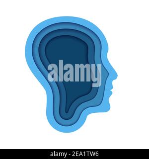 Logo della mente. Silhouette di faccia maschio con strati tagliati di carta. Icona della scienza del cervello. Simbolo della terapia. Illustrazione vettoriale Illustrazione Vettoriale