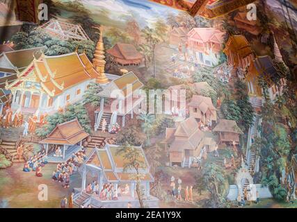 Lamphun, Thailandia - 02 GENNAIO 2016 : l'antico dipinto murale all'interno della provincia del tempio Wat Phra Bat Huai Tom. Raccontaci lo stile di vita della Thailandia, Foto Stock