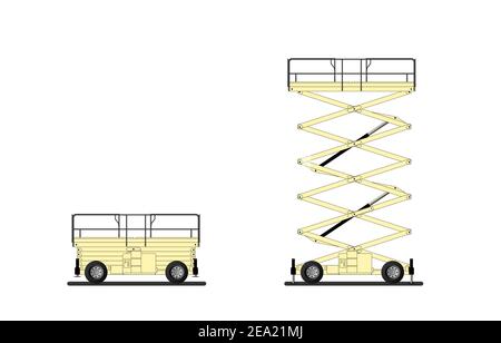 Set di piattaforme di sollevamento a forbice isolate su sfondo bianco. Sollevatore idraulico. Immagine piatta vettoriale. Illustrazione Vettoriale