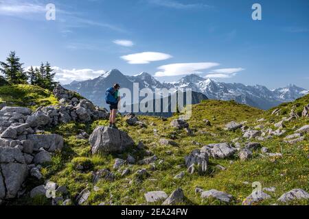 Escursionista in piedi su rocce e guardando le montagne, Schynige Platte, montagna in cima alla schiena, Jungfrau regione, Grindelwald, cantone Berna, Svizzera Foto Stock