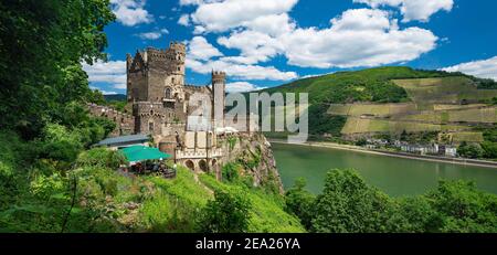 Rheinstein Castello sul Reno, Alto Medio Reno Valle Patrimonio Mondiale, Trechtingshausen, Renania-Palatinato, Germania Foto Stock