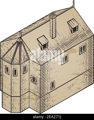 Illustrazione d'epoca dell'icona della mappa medievale dell'edificio Illustrazione Vettoriale