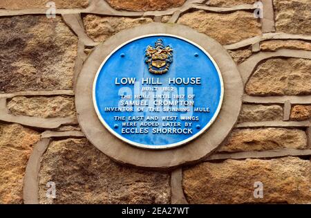 Low Hill House placca blu. Bury Fold Lane, Darwen, Lancashire. Casa di Samuel Crompton. Foto Stock