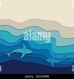 Illustrazione del fondale marino con squali che nuotano in acqua vicino alla riva. Illustrazione Vettoriale