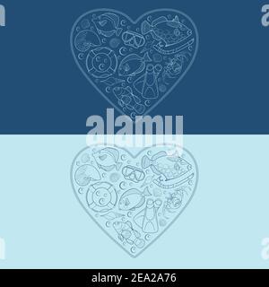 Oggetti marini a forma di cuore. Oggetti vettoriali isolati. Illustrazione Vettoriale