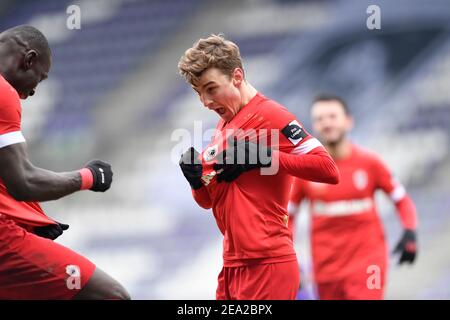 Pieter Gerkens di Anversa festeggia, dopo aver segnato una partita di calcio tra Beerschot VA e il Royal Antwerp FC, domenica 07 febbraio 2021 ad Anversa, Foto Stock