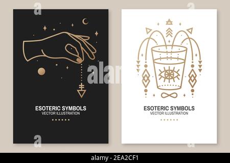 Simboli esoterici, poster, volantino. Illustrazione vettoriale. Badge geometrico a linea sottile. Icona del contorno per l'alchimia o la geometria sacra. Design mistico e magico con mano, stelle, pianeti, luna, occhi e vetro Illustrazione Vettoriale