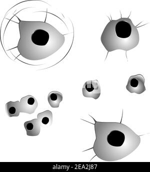 Fori di proiettile impostato in metallo isolato su bianco Illustrazione Vettoriale