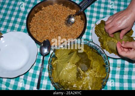 La donna sta avvolgendo foglie di uva per il Sarma turco o Dolma (Yaprak Sarma). Tradizionale cucina turca. Concetto di cucina casalinga. Foto Stock