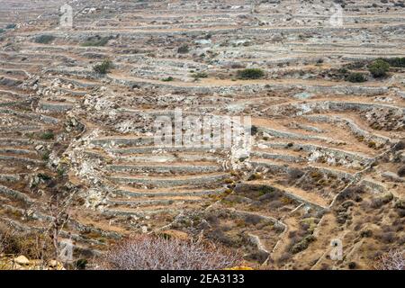 Costa selvaggia dell'isola di Folegandros. Terrazze di pietra sulle pendici delle colline. CICLADI, Grecia Foto Stock