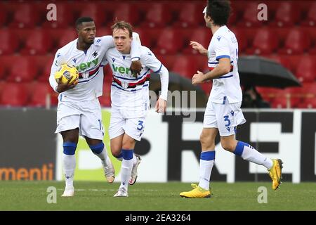 Keita Balde, attaccante senegalese di Sampdoria, celebra dopo aver segnato un gol durante la serie UNA partita di calcio tra Benevento e UC Sampdoria allo stadio Ciro Vigorito di Benevento, Italia, il 07 febbraio 2021 Foto Stock