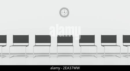 sedie della sala d'attesa in linea con orologio 3d rendering illustrazione Foto Stock