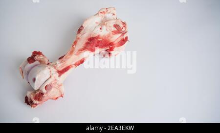 Grande osso grezzo di mucca animale grande o maiale su sfondo bianco, vista dall'alto, spazio di copia. Osso per brodo di cottura. Cibo per cani. Spazio di copia Foto Stock