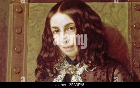 ELIZABETH BARRETT BROWNING (1806-1861) poeta e abolizionista inglese circa 1860. Particolare di pittura di Michele Gordigiani Foto Stock