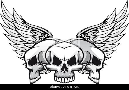 Tre teschi di pericolo con le ali per tatuaggio o design mascotte Illustrazione Vettoriale