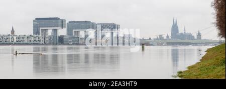 Panorama di Colonia con le case delle gru e la cattedrale di Colonia in caso di neve. fiume reno con acqua alta Foto Stock