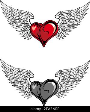 Nel cuore medievale con le ali per la religione o tatuaggio design in colore e desatura versione Illustrazione Vettoriale