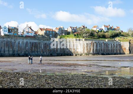 Il muro di mare curvo a bassa marea, Robin Hood's Bay, North Yorkshire Foto Stock