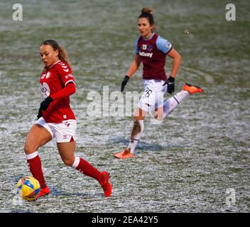 Dagenham, Regno Unito. 07 febbraio 2021. DAGENHAM, INGHILTERRA - FEBBRAIO 07: Salmone Ebony di Bristol City Donne durante Barclays fa Super League Donne tra West Ham United Donne e Bristol City al Chigwell Construction Stadium il 07 Febbraio 2021 a Dagenham, Inghilterra Credit: Action Foto Sport/Alamy Live News Foto Stock