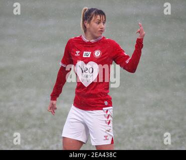 Dagenham, Regno Unito. 07 febbraio 2021. DAGENHAM, INGHILTERRA - FEBBRAIO 07: Gemma Evans of Bristol City Women durante Barclays fa Super League Women's Super League tra West Ham United Women e Bristol City al Chigwell Construction Stadium il 07 Febbraio 2021 a Dagenham, Inghilterra Credit: Action Foto Sport/Alamy Live News Foto Stock