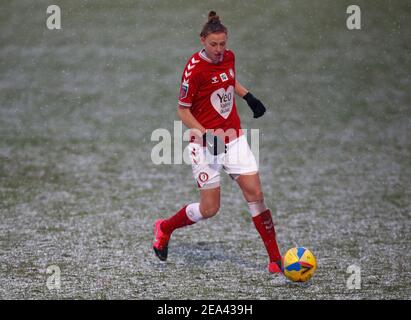 Dagenham, Regno Unito. 07 febbraio 2021. DAGENHAM, INGHILTERRA - FEBBRAIO 07: Yana Daniels of Bristol City Women durante la gara di Super League femminile di Barclays fa tra West Ham United Women e Bristol City al Chigwell Construction Stadium il 07 Febbraio 2021 a Dagenham, Inghilterra Credit: Action Foto Sport/Alamy Live News Foto Stock