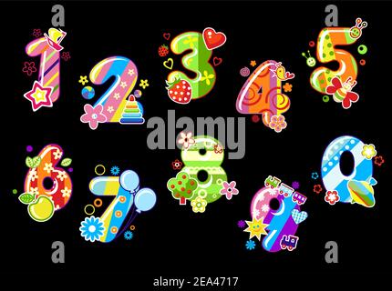 Bambini colorati numeri e cifre con giocattoli e abbellimenti Illustrazione Vettoriale