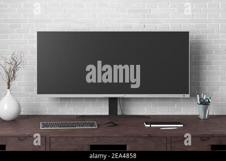Modello display widescreen vuoto. Posto di lavoro con scrivania in legno scuro e parete in mattoni bianchi. Vista frontale Foto Stock