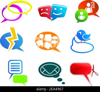 Chat e icone di comunicazione e set di simboli isolati su sfondo bianco Illustrazione Vettoriale