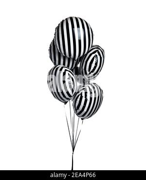 Mazzo di grandi palloncini caramelle a strisce bianche e nere oggetto per festa di compleanno isolato su un bianco Foto Stock