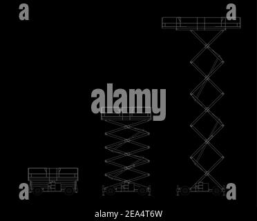 Set di piattaforme di sollevamento a forbice isolate su sfondo bianco. Sollevatore idraulico. Immagine piatta vettoriale. Illustrazione Vettoriale