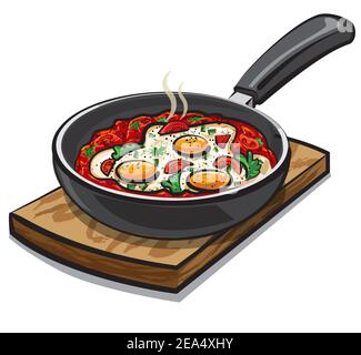 illustrazione del piatto di shakshouka, uova strapazzate con pomodori sulla padella Illustrazione Vettoriale