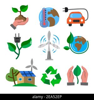 Semplice set di icone ecologiche a colori piatti. Contiene icone come auto elettrica, riscaldamento globale, foresta, agricoltura biologica e molto altro. Illustrazione Vettoriale