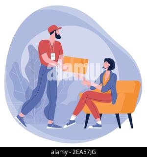 Giovane donna che riceve il pacco dal servizio di consegna Illustrazione Vettoriale