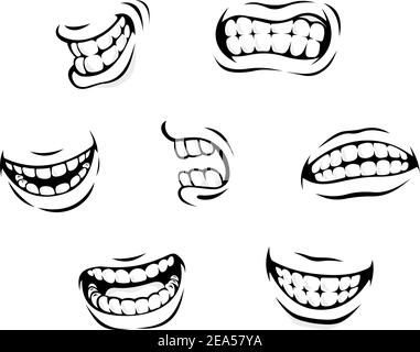 I denti dei cartoni animati sorridenti e arrabbiati si isolano su sfondo bianco Illustrazione Vettoriale