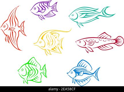 Set di sette colorati pesci acquario isolati su sfondo bianco Illustrazione Vettoriale