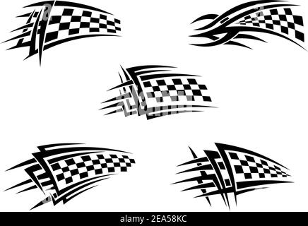 Serie di bandiere da corsa a scacchi in stile tribale Illustrazione Vettoriale