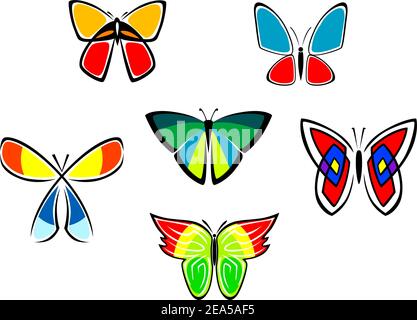 Colorate icone farfalla e tatuaggi set isolato su sfondo bianco Illustrazione Vettoriale