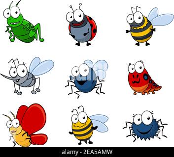 Set di insetti cartoni animati isolati su sfondo bianco Illustrazione Vettoriale