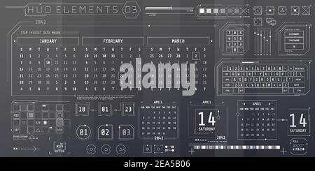 Una serie di elementi di calendari HUD per un'interfaccia futuristica. Illustrazione Vettoriale