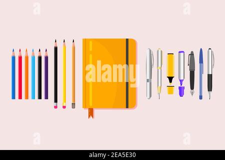 Notebook piatto con matite e penne colorate Illustrazione Vettoriale
