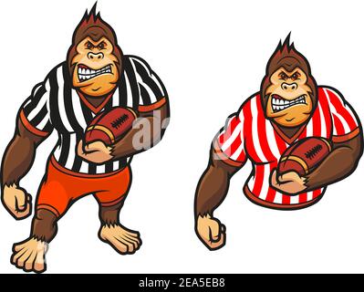 Gorilla giocatore con palla di rugby in stile cartoon per mascotte design Illustrazione Vettoriale